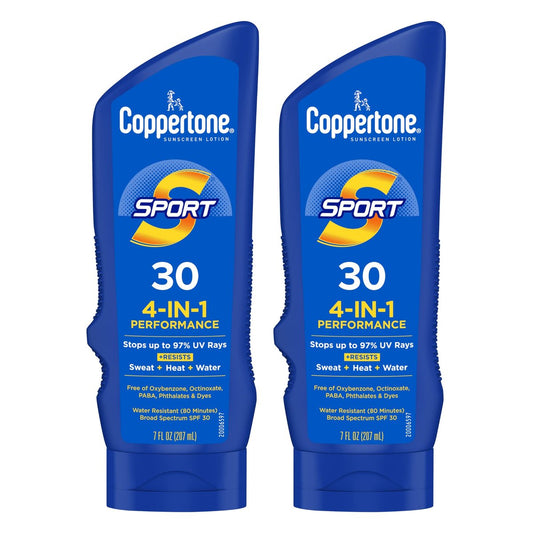 Coppertone Sport Sonnencreme Lotion LSF 30 – Schweiß-, Hitze- und wasserbeständiger Sonnenschutz, leicht, oxybenzonfrei – 2er-Pack mit 2 Flaschen à 207 ml
