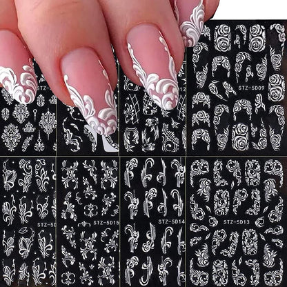 8 Blätter 5D Gravur Blumen Nagelaufkleber, Weiße Hochzeits-Nagelkunst-Aufkleber für French Tips, Selbstklebende Spitzen-Blumen-Nagelsticker für Frauen und Mädchen
