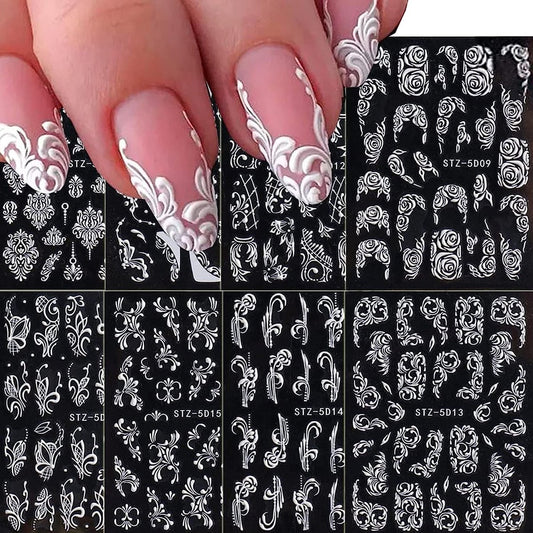 8 Blätter 5D Gravur Blumen Nagelaufkleber, Weiße Hochzeits-Nagelkunst-Aufkleber für French Tips, Selbstklebende Spitzen-Blumen-Nagelsticker für Frauen und Mädchen