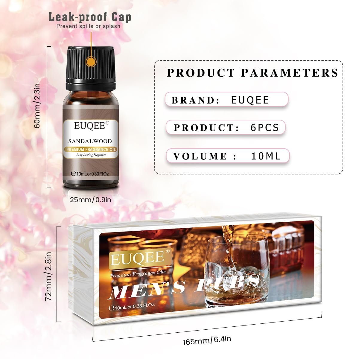 EUQEE 6-teiliges Parfümöle Set für Männer, Männer Pubs Geschenkset Premium Duftöle - 10ml - Leder, Honigrauch, Drachenblut, Sandelholz, Bay Rum, Zedernholz