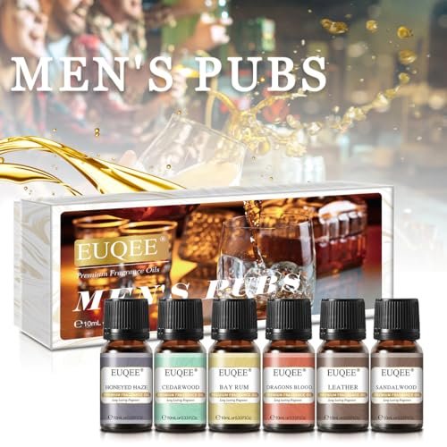 EUQEE 6-teiliges Parfümöle Set für Männer, Männer Pubs Geschenkset Premium Duftöle - 10ml - Leder, Honigrauch, Drachenblut, Sandelholz, Bay Rum, Zedernholz