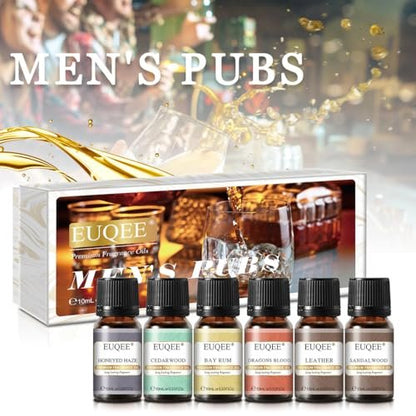 EUQEE 6-teiliges Parfümöle Set für Männer, Männer Pubs Geschenkset Premium Duftöle - 10ml - Leder, Honigrauch, Drachenblut, Sandelholz, Bay Rum, Zedernholz