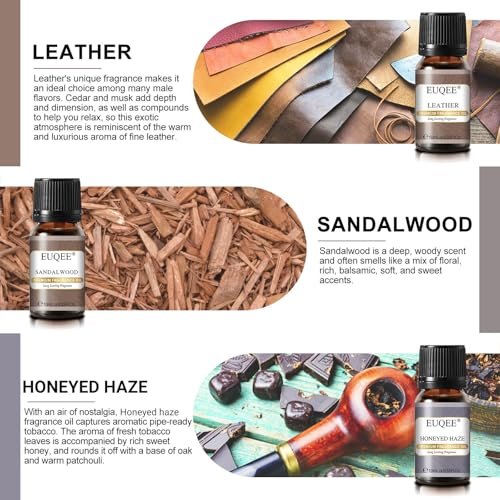 EUQEE 6-teiliges Parfümöle Set für Männer, Männer Pubs Geschenkset Premium Duftöle - 10ml - Leder, Honigrauch, Drachenblut, Sandelholz, Bay Rum, Zedernholz