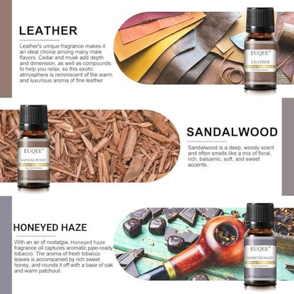 EUQEE 6-teiliges Parfümöle Set für Männer, Männer Pubs Geschenkset Premium Duftöle - 10ml - Leder, Honigrauch, Drachenblut, Sandelholz, Bay Rum, Zedernholz