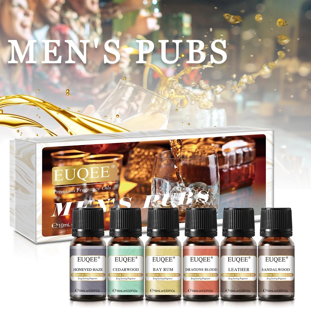 EUQEE 6-teiliges Parfümöle Set für Männer, Männer Pubs Geschenkset Premium Duftöle - 10ml - Leder, Honigrauch, Drachenblut, Sandelholz, Bay Rum, Zedernholz