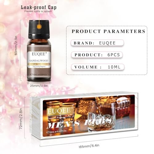 EUQEE 6-teiliges Parfümöle Set für Männer, Männer Pubs Geschenkset Premium Duftöle - 10ml - Leder, Honigrauch, Drachenblut, Sandelholz, Bay Rum, Zedernholz