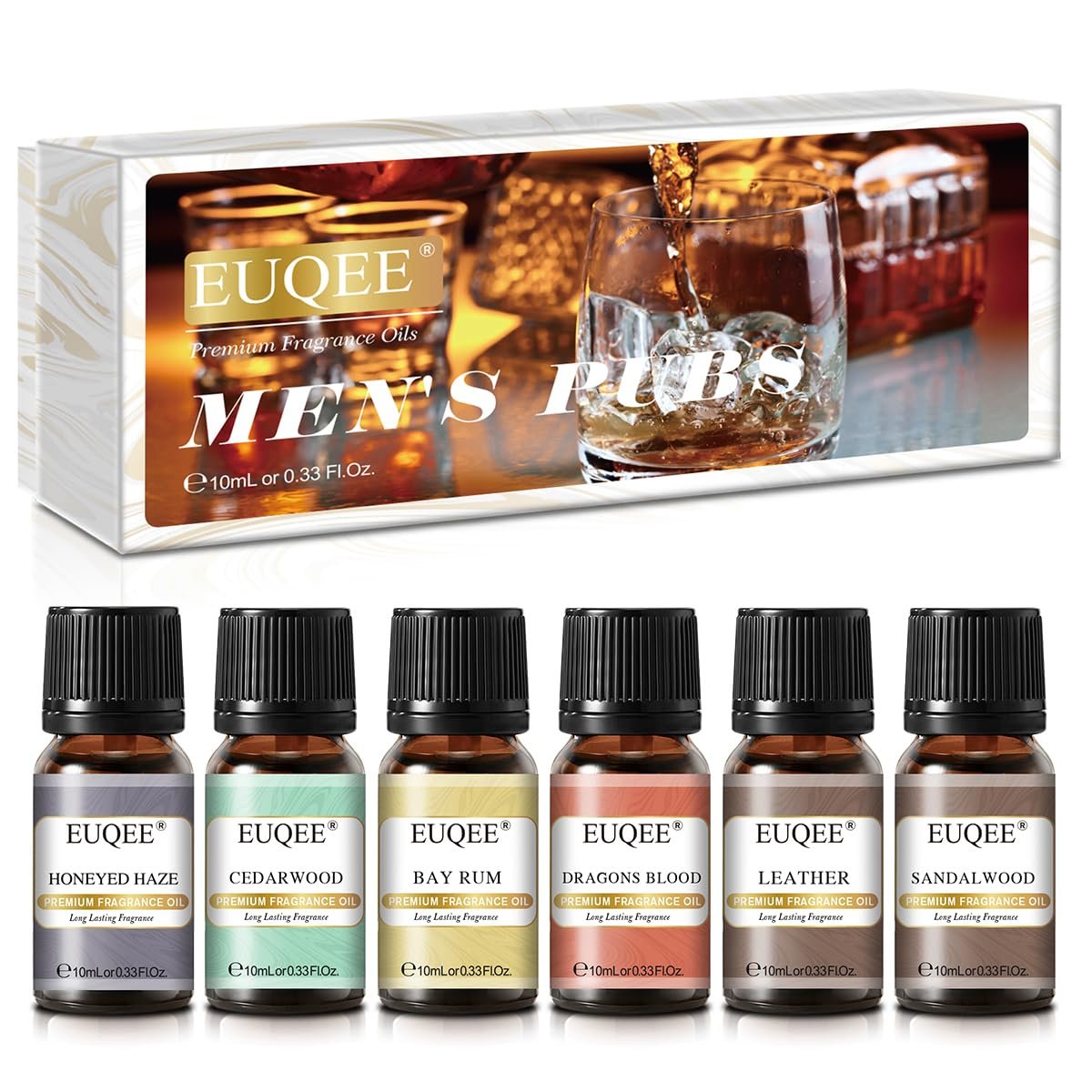 EUQEE 6-teiliges Parfümöle Set für Männer, Männer Pubs Geschenkset Premium Duftöle - 10ml - Leder, Honigrauch, Drachenblut, Sandelholz, Bay Rum, Zedernholz