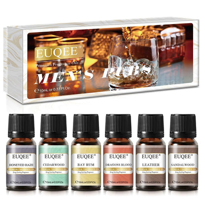 EUQEE 6-teiliges Parfümöle Set für Männer, Männer Pubs Geschenkset Premium Duftöle - 10ml - Leder, Honigrauch, Drachenblut, Sandelholz, Bay Rum, Zedernholz