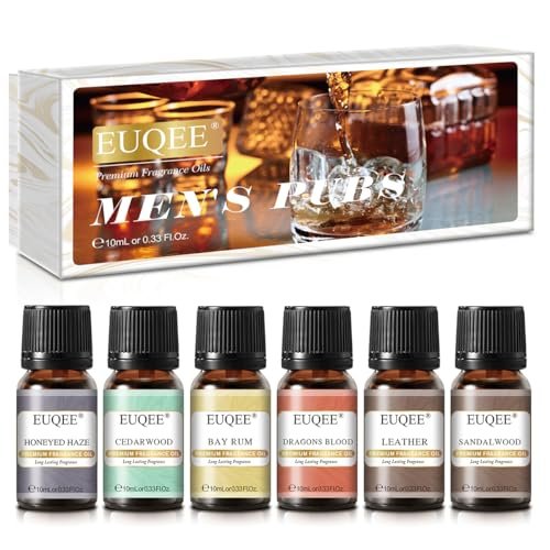 EUQEE 6-teiliges Parfümöle Set für Männer, Männer Pubs Geschenkset Premium Duftöle - 10ml - Leder, Honigrauch, Drachenblut, Sandelholz, Bay Rum, Zedernholz