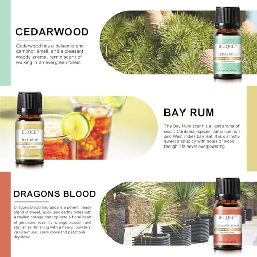 EUQEE 6-teiliges Parfümöle Set für Männer, Männer Pubs Geschenkset Premium Duftöle - 10ml - Leder, Honigrauch, Drachenblut, Sandelholz, Bay Rum, Zedernholz
