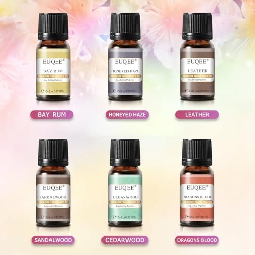 EUQEE 6-teiliges Parfümöle Set für Männer, Männer Pubs Geschenkset Premium Duftöle - 10ml - Leder, Honigrauch, Drachenblut, Sandelholz, Bay Rum, Zedernholz