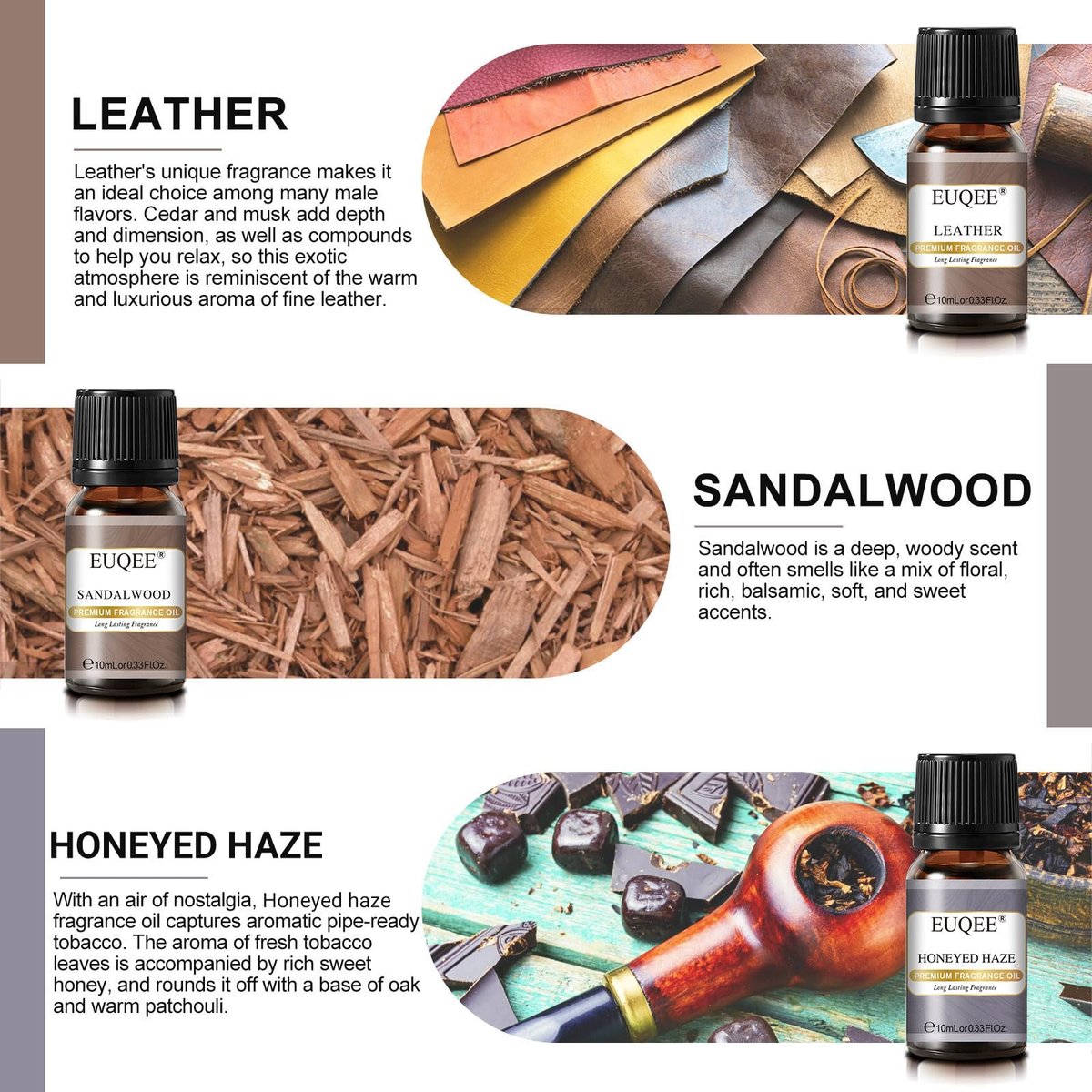 EUQEE 6-teiliges Parfümöle Set für Männer, Männer Pubs Geschenkset Premium Duftöle - 10ml - Leder, Honigrauch, Drachenblut, Sandelholz, Bay Rum, Zedernholz
