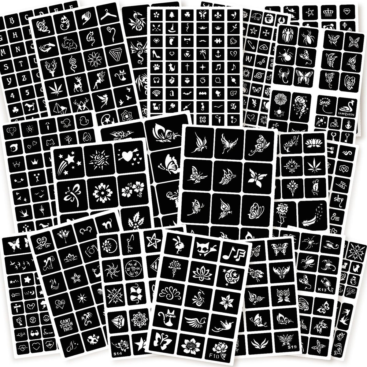 ChurlChurl 575 Stencil-Vorlagen für temporäre Tattoos, 20 Blatt Henna-Tattoo-Schablonen-Set für Frauen und Männer, Gesichts- und Körperbemalung, DIY-Kunst, wiederverwendbare Glitzer-Tattoo-Schablonen