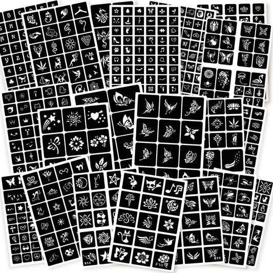 ChurlChurl 575 Stencil-Vorlagen für temporäre Tattoos, 20 Blatt Henna-Tattoo-Schablonen-Set für Frauen und Männer, Gesichts- und Körperbemalung, DIY-Kunst, wiederverwendbare Glitzer-Tattoo-Schablonen