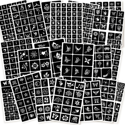 ChurlChurl 575 Stencil-Vorlagen für temporäre Tattoos, 20 Blatt Henna-Tattoo-Schablonen-Set für Frauen und Männer, Gesichts- und Körperbemalung, DIY-Kunst, wiederverwendbare Glitzer-Tattoo-Schablonen