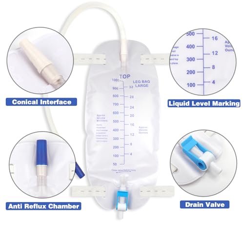 3er-Pack Katheterbeutel, Premium Easy-Tap Beinbeutel Urinbeutel, 32 Unzen mit 3 x 18" Schlauch, Rückflussventil, mit Stoffbändern zur Befestigung am Fuß, verbesserter Flip-Drain für einfache Entleerung