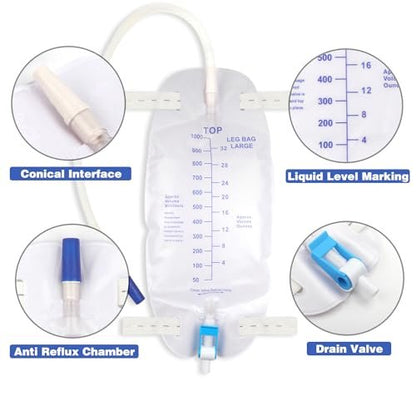 3er-Pack Katheterbeutel, Premium Easy-Tap Beinbeutel Urinbeutel, 32 Unzen mit 3 x 18" Schlauch, Rückflussventil, mit Stoffbändern zur Befestigung am Fuß, verbesserter Flip-Drain für einfache Entleerung