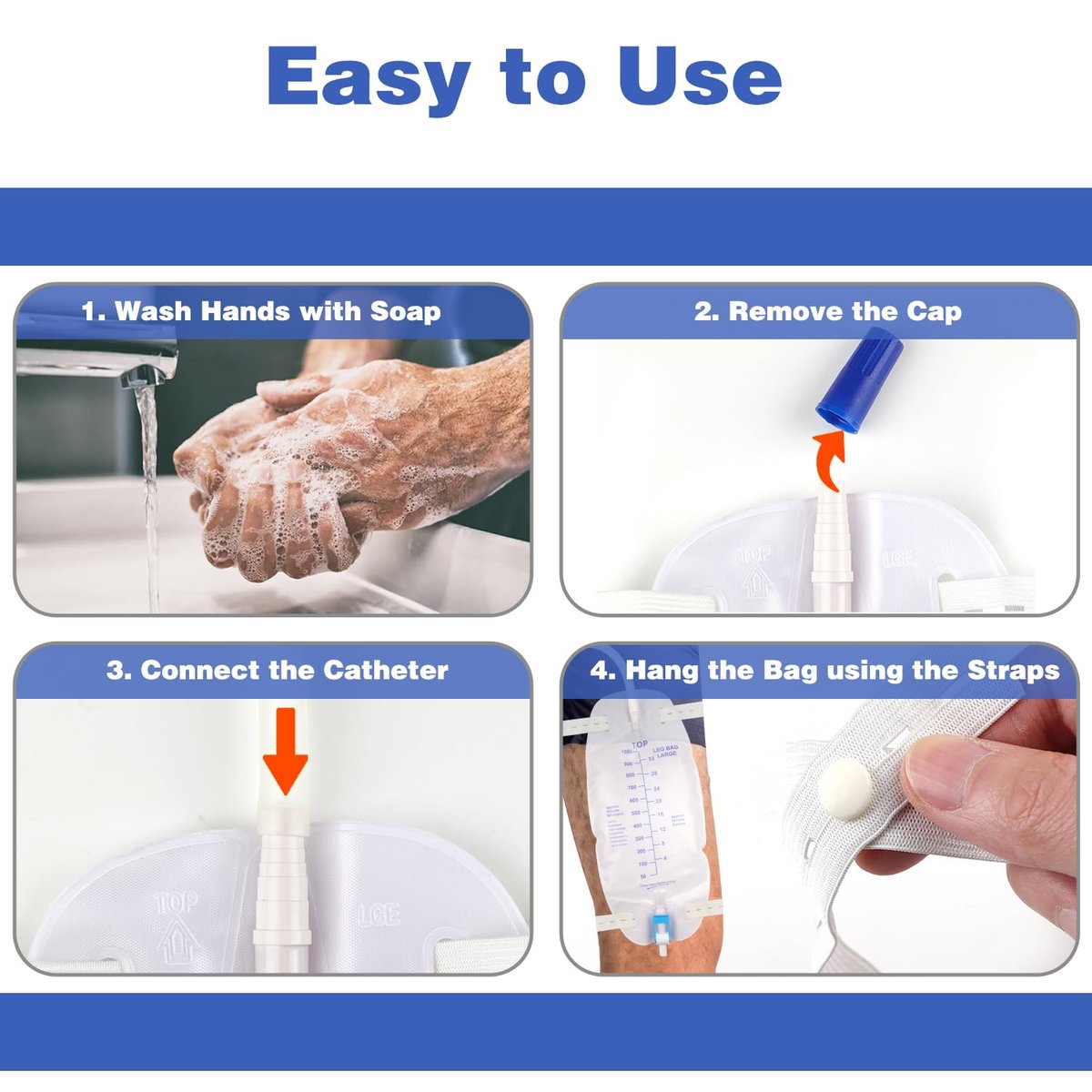 3er-Pack Katheterbeutel, Premium Easy-Tap Beinbeutel Urinbeutel, 32 Unzen mit 3 x 18" Schlauch, Rückflussventil, mit Stoffbändern zur Befestigung am Fuß, verbesserter Flip-Drain für einfache Entleerung