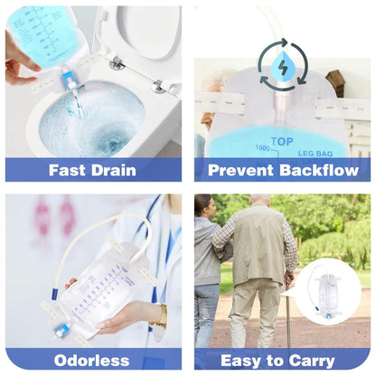 3er-Pack Katheterbeutel, Premium Easy-Tap Beinbeutel Urinbeutel, 32 Unzen mit 3 x 18" Schlauch, Rückflussventil, mit Stoffbändern zur Befestigung am Fuß, verbesserter Flip-Drain für einfache Entleerung