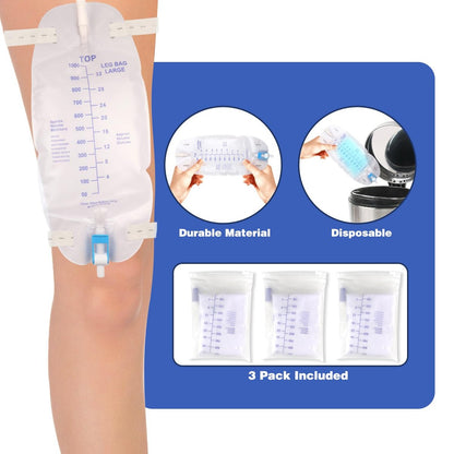 3er-Pack Katheterbeutel, Premium Easy-Tap Beinbeutel Urinbeutel, 32 Unzen mit 3 x 18" Schlauch, Rückflussventil, mit Stoffbändern zur Befestigung am Fuß, verbesserter Flip-Drain für einfache Entleerung
