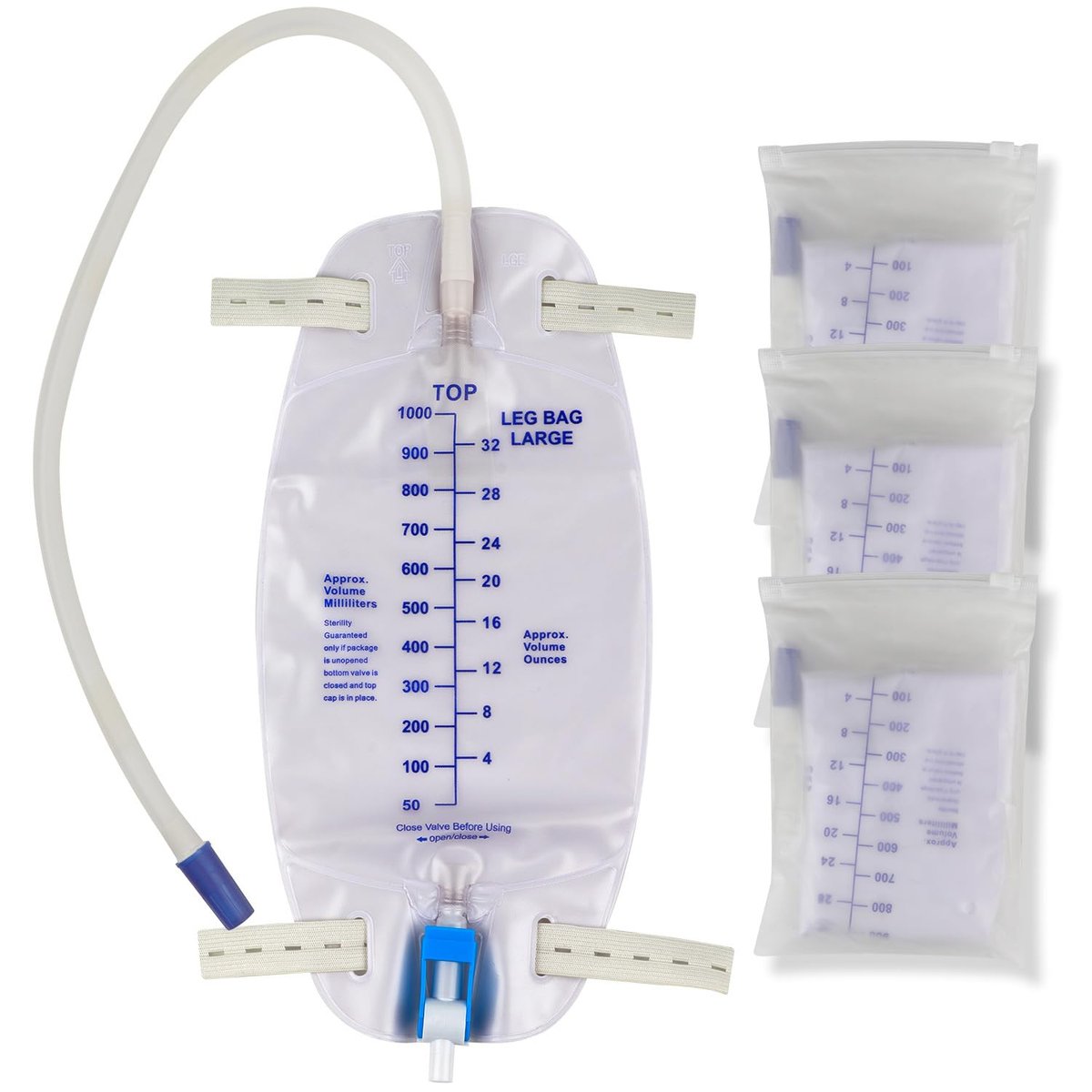 3er-Pack Katheterbeutel, Premium Easy-Tap Beinbeutel Urinbeutel, 32 Unzen mit 3 x 18" Schlauch, Rückflussventil, mit Stoffbändern zur Befestigung am Fuß, verbesserter Flip-Drain für einfache Entleerung
