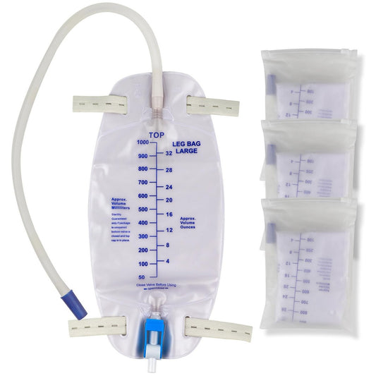 3er-Pack Katheterbeutel, Premium Easy-Tap Beinbeutel Urinbeutel, 32 Unzen mit 3 x 18" Schlauch, Rückflussventil, mit Stoffbändern zur Befestigung am Fuß, verbesserter Flip-Drain für einfache Entleerung
