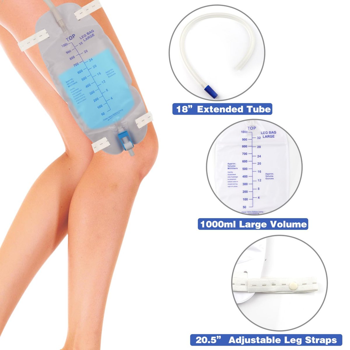 3er-Pack Katheterbeutel, Premium Easy-Tap Beinbeutel Urinbeutel, 32 Unzen mit 3 x 18" Schlauch, Rückflussventil, mit Stoffbändern zur Befestigung am Fuß, verbesserter Flip-Drain für einfache Entleerung