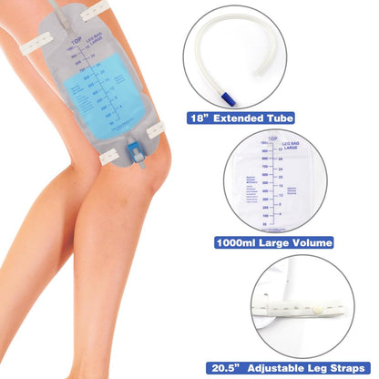 3er-Pack Katheterbeutel, Premium Easy-Tap Beinbeutel Urinbeutel, 32 Unzen mit 3 x 18" Schlauch, Rückflussventil, mit Stoffbändern zur Befestigung am Fuß, verbesserter Flip-Drain für einfache Entleerung