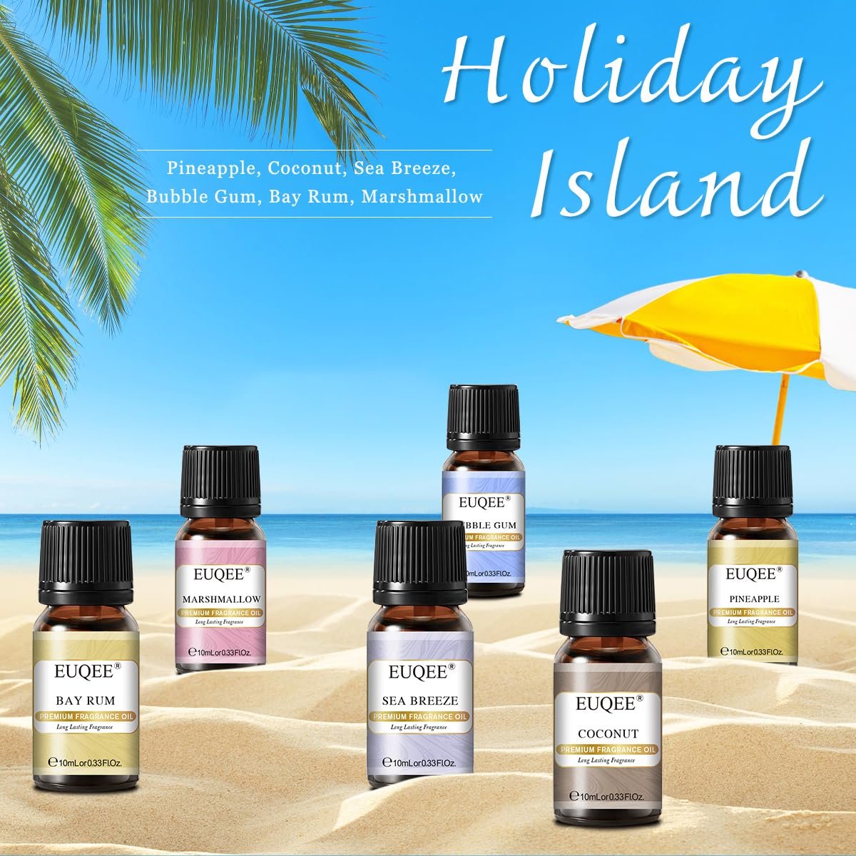 EUQEE Sommer Duftöl Geschenkset mit 6 Aromen, Urlaubsinsel Ätherische Öle Set für Luftbefeuchter, Aromatherapie – Ananas, Kokosnuss, Meeresbrise, Kaugummi, Bay Rum, Marshmallow (10 ml)
