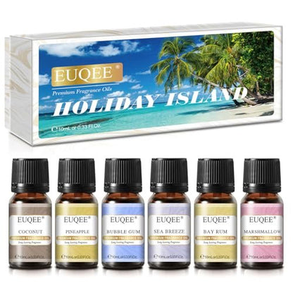 EUQEE Sommer Duftöl Geschenkset mit 6 Aromen, Urlaubsinsel Ätherische Öle Set für Luftbefeuchter, Aromatherapie – Ananas, Kokosnuss, Meeresbrise, Kaugummi, Bay Rum, Marshmallow (10 ml)