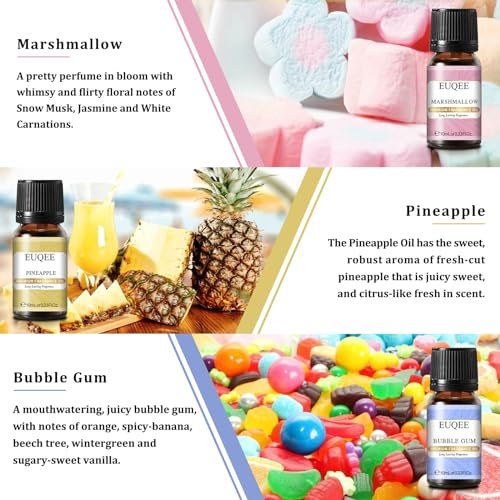 EUQEE Sommer Duftöl Geschenkset mit 6 Aromen, Urlaubsinsel Ätherische Öle Set für Luftbefeuchter, Aromatherapie – Ananas, Kokosnuss, Meeresbrise, Kaugummi, Bay Rum, Marshmallow (10 ml)