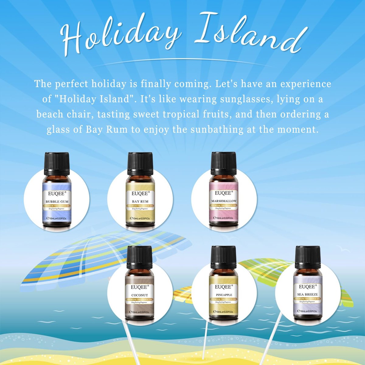 EUQEE Sommer Duftöl Geschenkset mit 6 Aromen, Urlaubsinsel Ätherische Öle Set für Luftbefeuchter, Aromatherapie – Ananas, Kokosnuss, Meeresbrise, Kaugummi, Bay Rum, Marshmallow (10 ml)