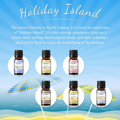 EUQEE Sommer Duftöl Geschenkset mit 6 Aromen, Urlaubsinsel Ätherische Öle Set für Luftbefeuchter, Aromatherapie – Ananas, Kokosnuss, Meeresbrise, Kaugummi, Bay Rum, Marshmallow (10 ml)