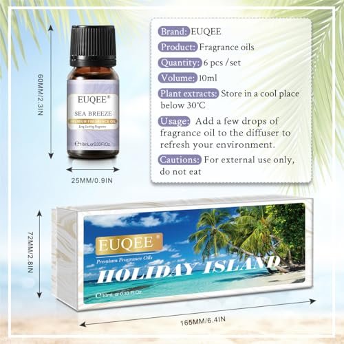 EUQEE Sommer Duftöl Geschenkset mit 6 Aromen, Urlaubsinsel Ätherische Öle Set für Luftbefeuchter, Aromatherapie – Ananas, Kokosnuss, Meeresbrise, Kaugummi, Bay Rum, Marshmallow (10 ml)