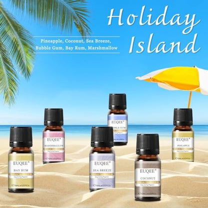 EUQEE Sommer Duftöl Geschenkset mit 6 Aromen, Urlaubsinsel Ätherische Öle Set für Luftbefeuchter, Aromatherapie – Ananas, Kokosnuss, Meeresbrise, Kaugummi, Bay Rum, Marshmallow (10 ml)