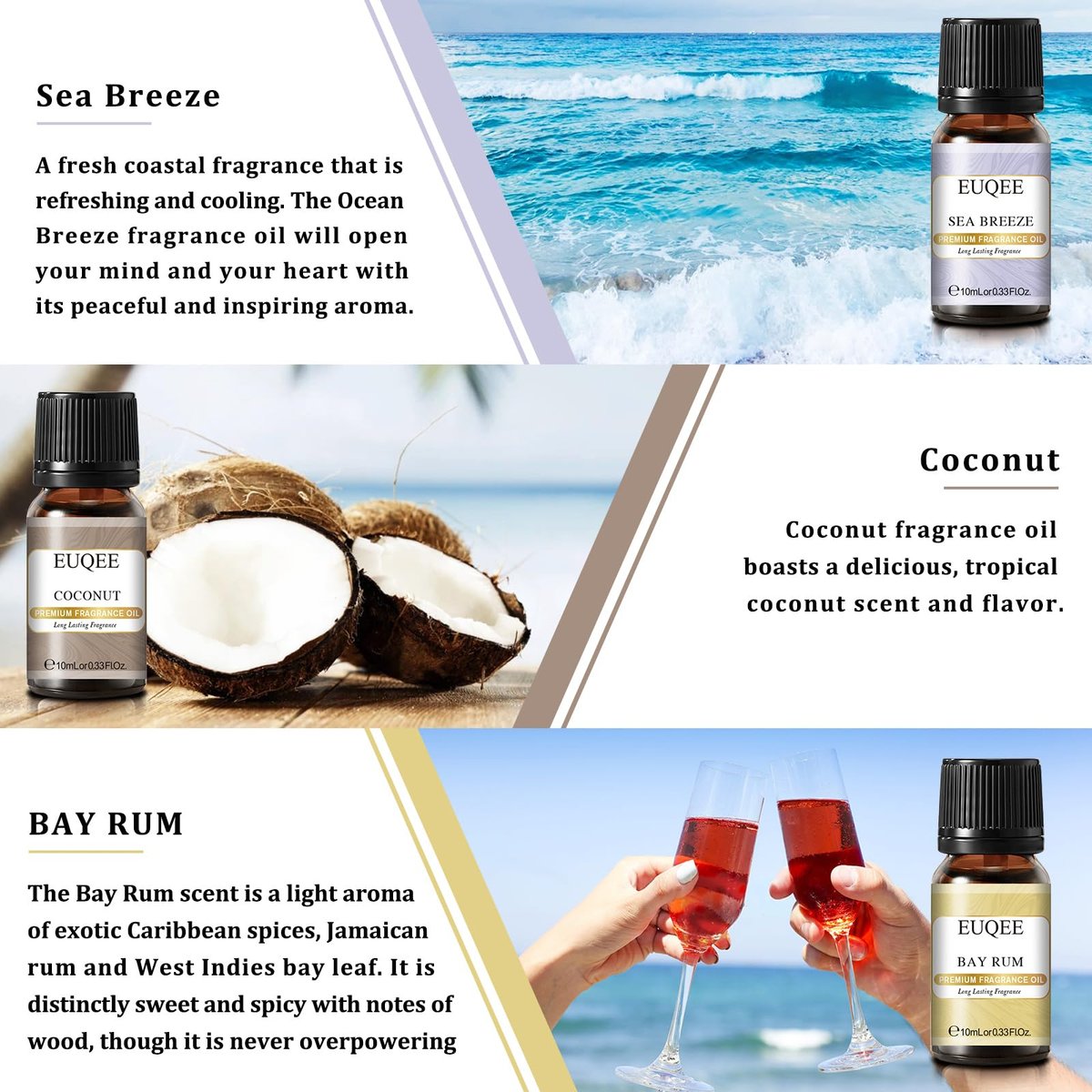 EUQEE Sommer Duftöl Geschenkset mit 6 Aromen, Urlaubsinsel Ätherische Öle Set für Luftbefeuchter, Aromatherapie – Ananas, Kokosnuss, Meeresbrise, Kaugummi, Bay Rum, Marshmallow (10 ml)