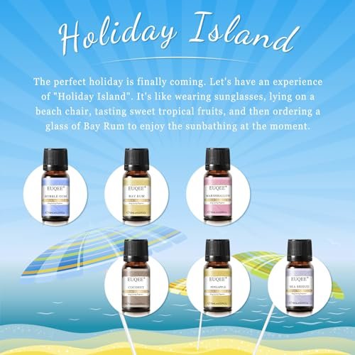 EUQEE Sommer Duftöl Geschenkset mit 6 Aromen, Urlaubsinsel Ätherische Öle Set für Luftbefeuchter, Aromatherapie – Ananas, Kokosnuss, Meeresbrise, Kaugummi, Bay Rum, Marshmallow (10 ml)
