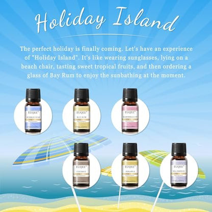 EUQEE Sommer Duftöl Geschenkset mit 6 Aromen, Urlaubsinsel Ätherische Öle Set für Luftbefeuchter, Aromatherapie – Ananas, Kokosnuss, Meeresbrise, Kaugummi, Bay Rum, Marshmallow (10 ml)