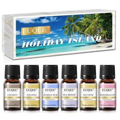 EUQEE Sommer Duftöl Geschenkset mit 6 Aromen, Urlaubsinsel Ätherische Öle Set für Luftbefeuchter, Aromatherapie – Ananas, Kokosnuss, Meeresbrise, Kaugummi, Bay Rum, Marshmallow (10 ml)