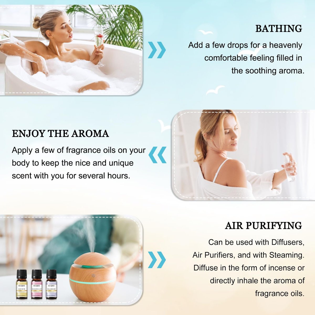EUQEE Sommer Duftöl Geschenkset mit 6 Aromen, Urlaubsinsel Ätherische Öle Set für Luftbefeuchter, Aromatherapie – Ananas, Kokosnuss, Meeresbrise, Kaugummi, Bay Rum, Marshmallow (10 ml)