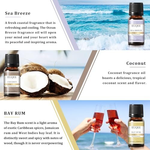 EUQEE Sommer Duftöl Geschenkset mit 6 Aromen, Urlaubsinsel Ätherische Öle Set für Luftbefeuchter, Aromatherapie – Ananas, Kokosnuss, Meeresbrise, Kaugummi, Bay Rum, Marshmallow (10 ml)