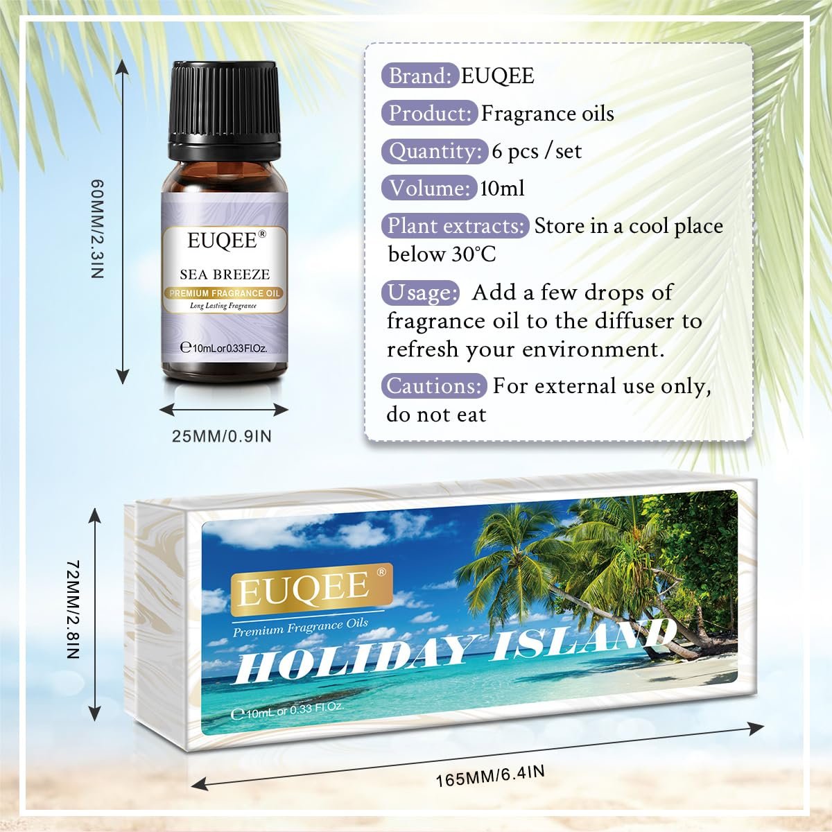 EUQEE Sommer Duftöl Geschenkset mit 6 Aromen, Urlaubsinsel Ätherische Öle Set für Luftbefeuchter, Aromatherapie – Ananas, Kokosnuss, Meeresbrise, Kaugummi, Bay Rum, Marshmallow (10 ml)