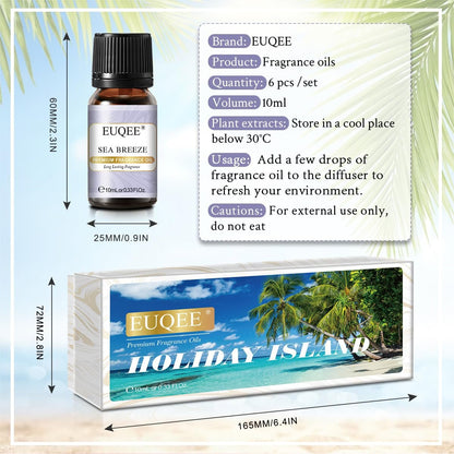 EUQEE Sommer Duftöl Geschenkset mit 6 Aromen, Urlaubsinsel Ätherische Öle Set für Luftbefeuchter, Aromatherapie – Ananas, Kokosnuss, Meeresbrise, Kaugummi, Bay Rum, Marshmallow (10 ml)