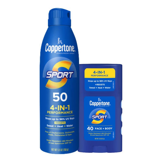 Coppertone Sport Sonnenspray SPF 50 (5,5 oz) + Sport Sonnenstick SPF 40 für Gesicht und Körper (Reisegröße 1,5 oz) – Schweiß-, hitze- und wasserbeständiger Sonnenschutz, leicht, oxybenzonfrei