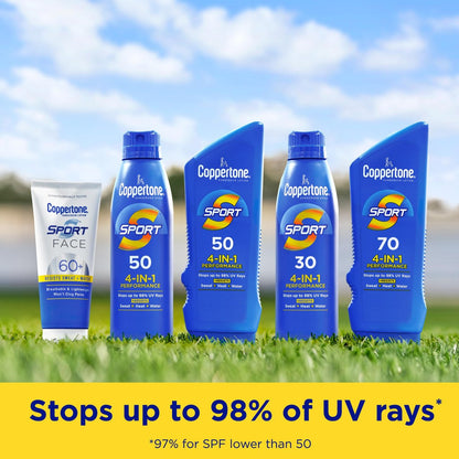 Coppertone Sport Sonnenspray SPF 50 (5,5 oz) + Sport Sonnenstick SPF 40 für Gesicht und Körper (Reisegröße 1,5 oz) – Schweiß-, hitze- und wasserbeständiger Sonnenschutz, leicht, oxybenzonfrei