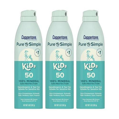 Coppertone Pure and Simple Kids Sonnenschutzspray SPF 50 - Zinkoxid Mineralischer Sonnenschutz für empfindliche Haut, hypoallergen und tränenfrei, 5 oz Dose, 3er-Pack