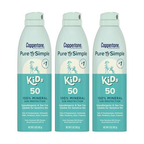 Coppertone Pure and Simple Kids Sonnenschutzspray SPF 50 - Zinkoxid Mineralischer Sonnenschutz für empfindliche Haut, hypoallergen und tränenfrei, 5 oz Dose, 3er-Pack