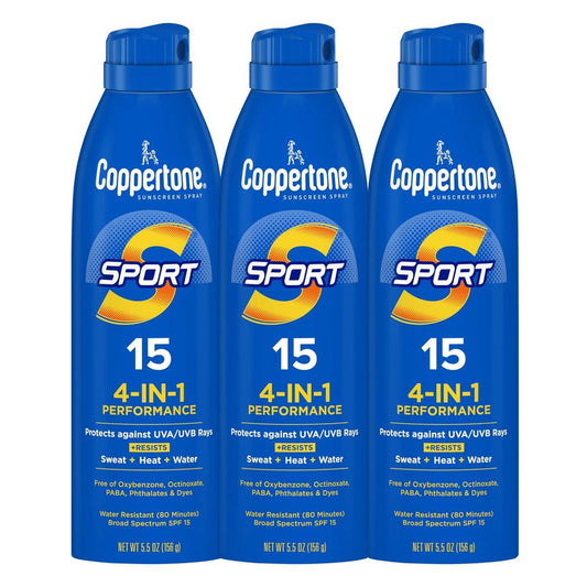 Coppertone Sport Sonnenspray SPF 15 – wasserfestes Breitband-Sonnenspray, 3er-Pack mit je 5,5 oz