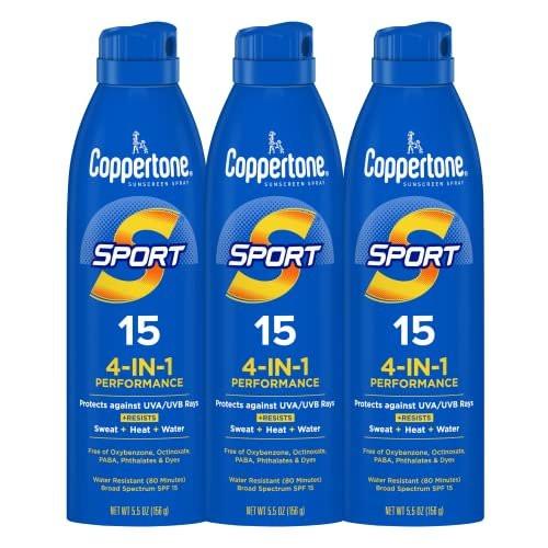 Coppertone Sport Sonnenspray SPF 15 – wasserfestes Breitband-Sonnenspray, 3er-Pack mit je 5,5 oz