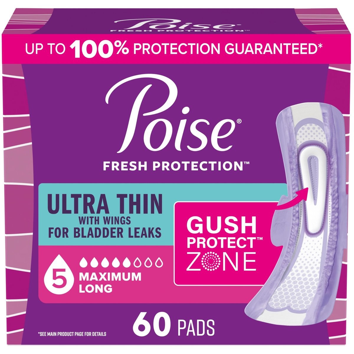 Poise Ultra Thin Einlagen für Inkontinenz & Wochenbett mit Flügeln, 5 Tropfen maximale Saugstärke, lange Länge, 60 Stück (Verpackung kann variieren)